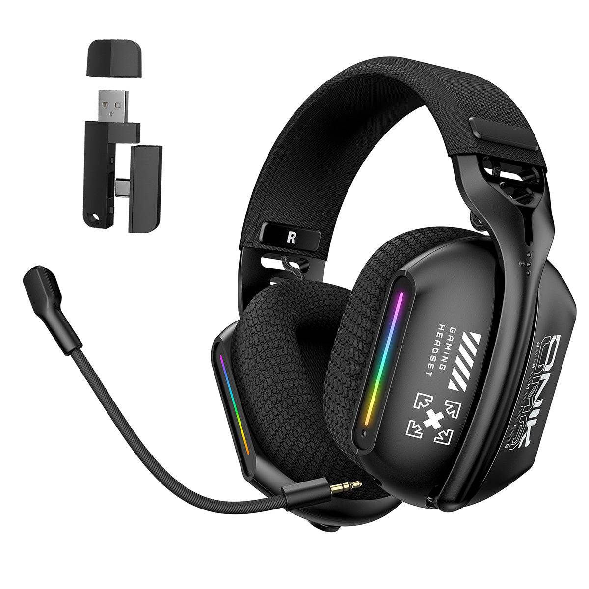 ONIKUMA GT808 Tri-mode Gaming Headset with RGB lighting, detachable microphone, and 2.4GHz wireless connectivity for immersive gaming audio.